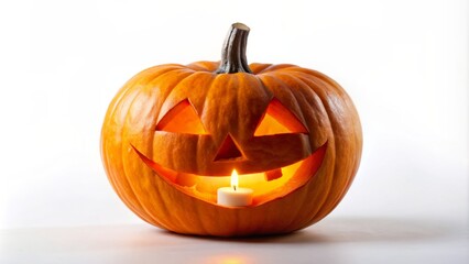 Isolated orange pumpkin with intricate carved facial features and lit candle inside on a clean white background, evoking a spooky halloween atmosphere.