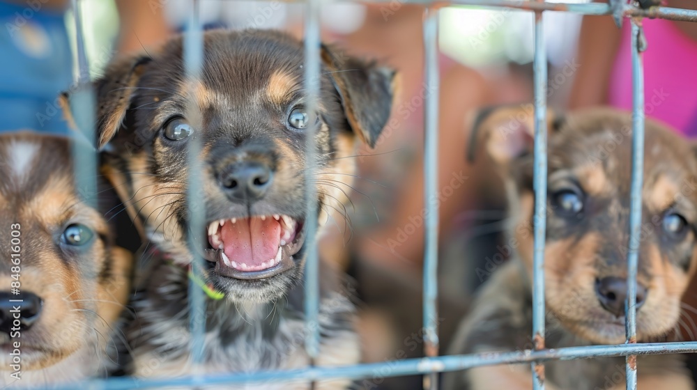 Poster softfocus glimpse of smiling faces and cuddly critters at the crowded adoption event.