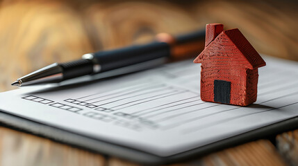 Close-up of a checklist with a red checkmark, pen, and house model on a wooden table Concept of real estate, planning, and organization