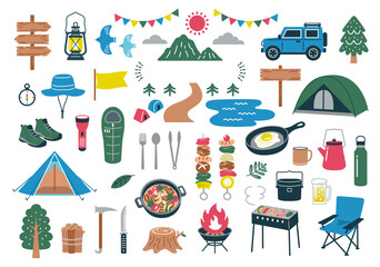 アウトドアとキャンプのアイコンイラストセット