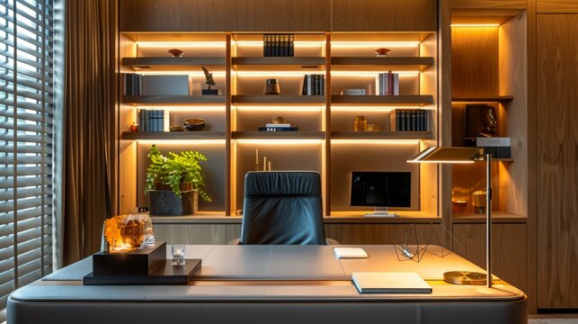 Stylish home office with large wooden bookshelf, leather chair, and designer desk lamp. AI.