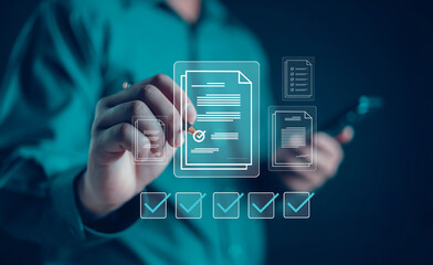 Businessman presents checklist and fills out online survey form document management system...