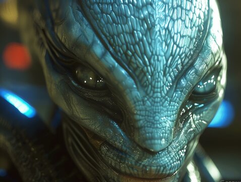 Close-up of a reptilian alien creature with glowing red and blue eyes. AI.