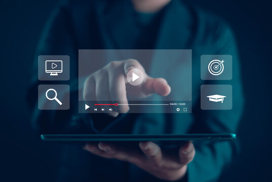 Businessmen watching the live streaming video Watch videos on the internet, live concerts, performances, or teachings. Stream on the internet online programs or lessons concept	
