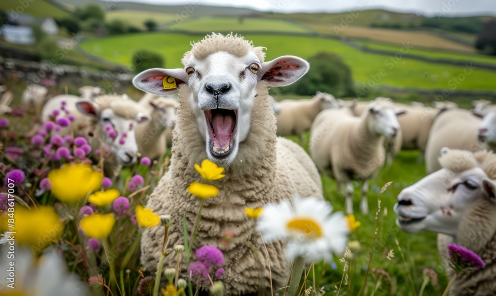 Wall mural a sheep stands in a field of flowers, looking at the camera with its mouth open. ai.