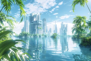 A futuristic city in a mountain valley with a lake,Green Utopia Futuristic Metropolis on the Coast of a Tropical Sea 3D Art Illustration Environment,

