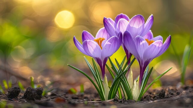 Purple crocus flowers blooming in spring. AI.