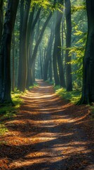 Obraz premium A sunlit path winds through a dense forest. AI.