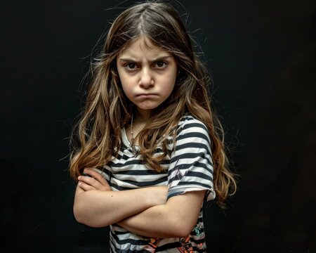 Little girl looking angry with crossed arms. AI.