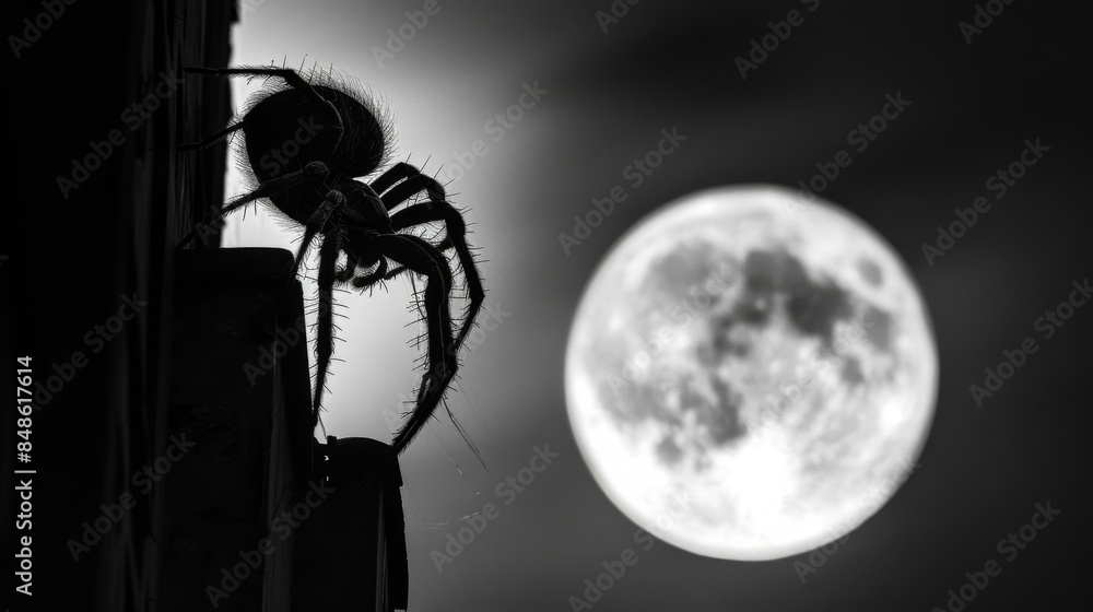 Poster spider on a web with a full moon in the background. ai.