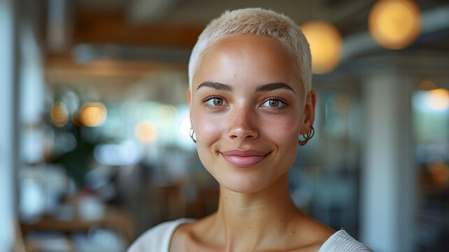 portrait of an African-American albino woman looking happy, with a candid, confident attitude in an office. - Powered by Adobe