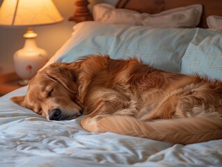 a golden retriever sleeping on a bed with lamp light on 