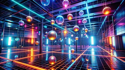Futuristic virtual reality environment with neon-lit grids, sleek metallic architecture, and radiant orbs suspended in mid-air, evoking a sense of limitless exploration and discovery.