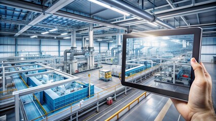 Modern industrial factory interior with futuristic digital tablet computer displaying augmented reality software visualizing manufacturing plant room mapping and factory layout on screen.