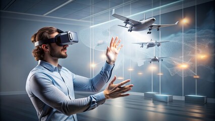 Futuristic studio setup with virtual reality glasses, mockup space, and hands for 3d flying game on a grey background, showcasing digital experience and ar tech.