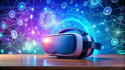 Futuristic virtual reality headset lies on a sleek modern desk, surrounded by educational icons, symbols, and formulas, against a bright, gradient background with copy space.