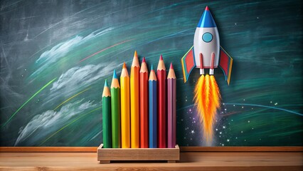 Vibrant pencils and a rocket ship blasting off on a blackboard, symbolizing innovative learning and creative academic success, launching new ideas and knowledge.