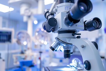 A detailed image of a surgical microscope in an operating room