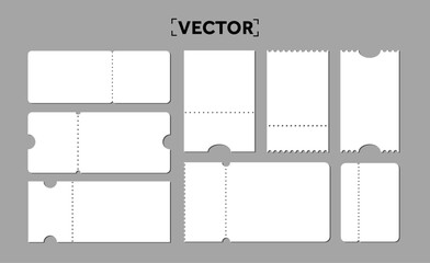 Set of blank ticket templates. Realistic cardboard coupons collection with borders of different shapes on empty tickets template, voucher for theatre or cinema seats, boarding airplane. Vector