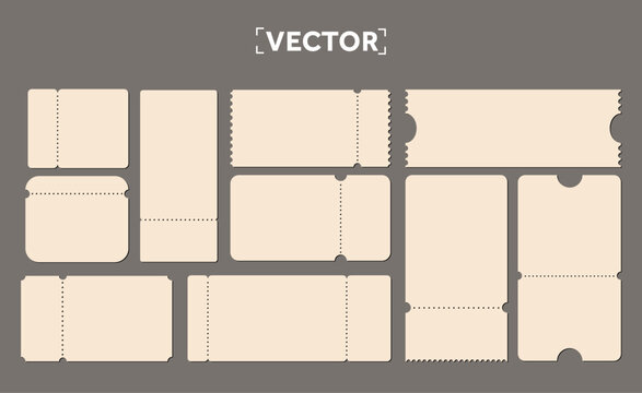 Set of blank ticket templates in light brown. Realistic cardboard coupons collection with borders of different shapes on empty tickets template, voucher for theatre or cinema seats, boarding airplane