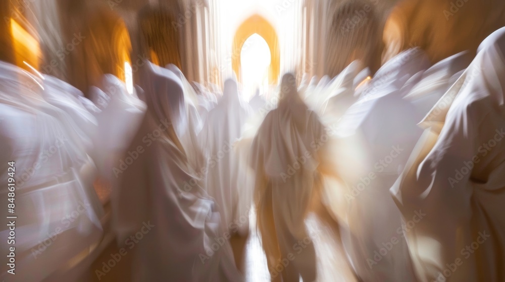 Poster a blur of white robes and chanting voices creating a sense of unity in the sacred space.