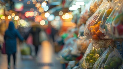 Soft focus revealed a bustling marketplace of environmentally friendly goods.