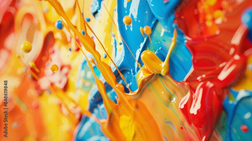 Poster paint smudges and spills form abstract shapes in the defocused view.