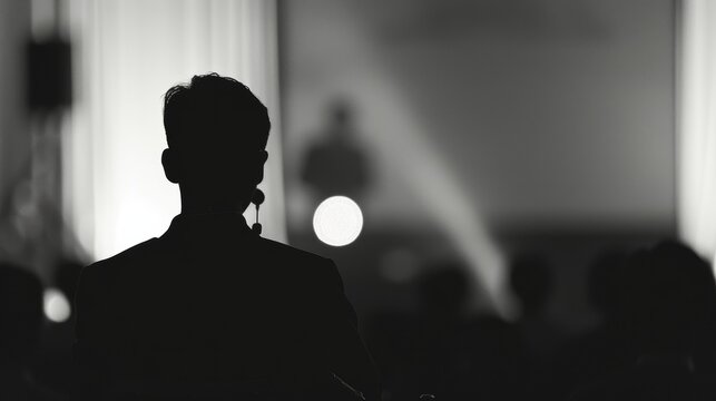 Indistinct shapes of a presenter and a blurred backdrop at an educational public lecture.