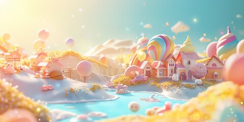 
Tiny cute isometric A beautiful rainbow village morning scene. Sunlight shines on the golden wheat field and dozens of small animals are busy. Describe the rainbow village morning scene, 2:1