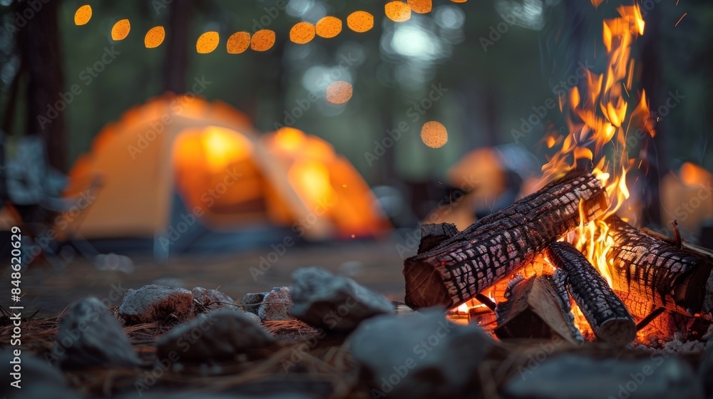 Wall mural the gentle blur of a campfire and tents inviting us to relax and unwind at a peaceful campsite.