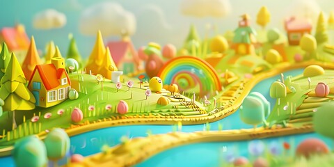 Fototapeta premium Tiny cute isometric A beautiful rainbow village morning scene. Sunlight shines on the golden wheat field and dozens of small animals are busy. Describe the rainbow village morning scene, 2:1