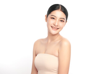 Beautiful young asian woman with clean fresh skin on white background, Face care, Facial treatment, Cosmetology, beauty and spa, Asian women portrait.