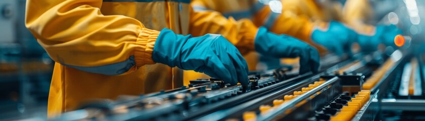 Fototapeta na wymiar Workers in Protective Gear Operating an Automated Assembly Line in a Modern Factory Setting