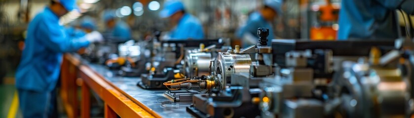 Fototapeta premium Industrial Manufacturing Line with Workers in Blue Uniforms Operating Machinery in a Modern Factory Setting