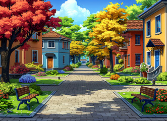 Obraz premium A street scene with houses and trees in the background. There are two benches on the sidewalk, one on the left and one on the right