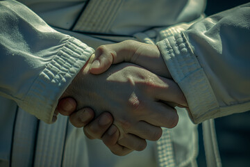 Closeup of two hands shaking,Taekwondo, intense competition, creating an atmosphere of a serious business combat match...