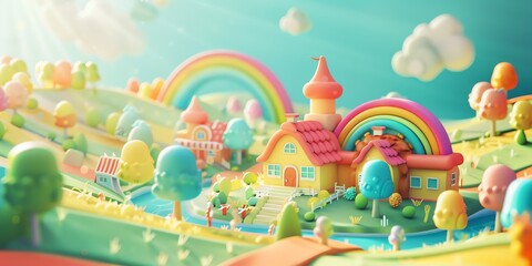 
Tiny cute isometric A beautiful rainbow village morning scene. Sunlight shines on the golden wheat field and dozens of small animals are busy. Describe the rainbow village morning scene, 2:1