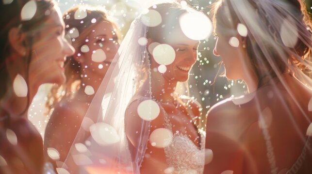 Blurred perspective of a group of friends admiring the brides veil during the shower.