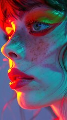 Fototapeta premium Captivating Close-Up of Non-Binary Portrait with Vibrant Makeup and Avant-Garde Aesthetic