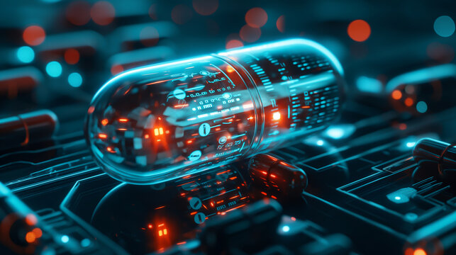 3D illustration of holographic capsule and pills with medical science data interface. Digital futuristic concept for future medical technology research.