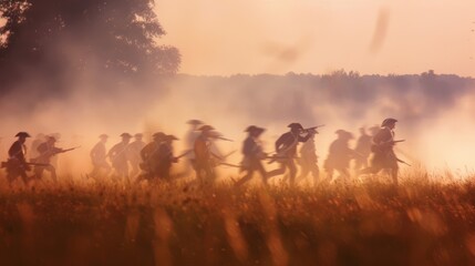 Hazy image of Revolutionary War soldiers charging through a field in reenactment.