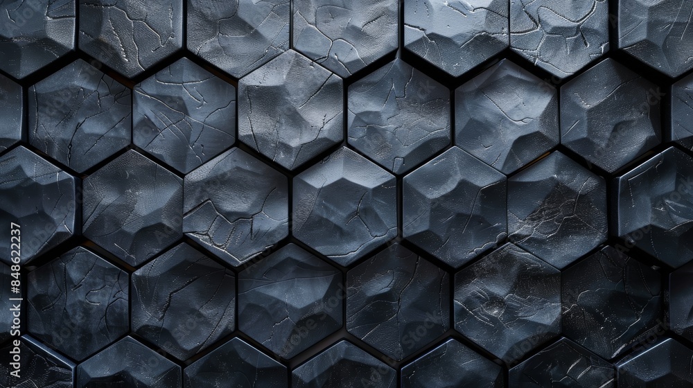 Poster abstract geometric pattern of dark hexagonal tiles with a rough, textured surface.