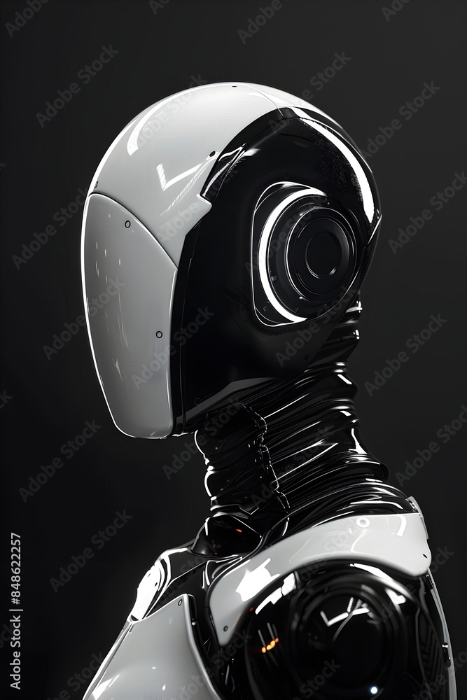 Sticker cutting-edge neon robot - singular futuristic machine in cinematic monochrome setting