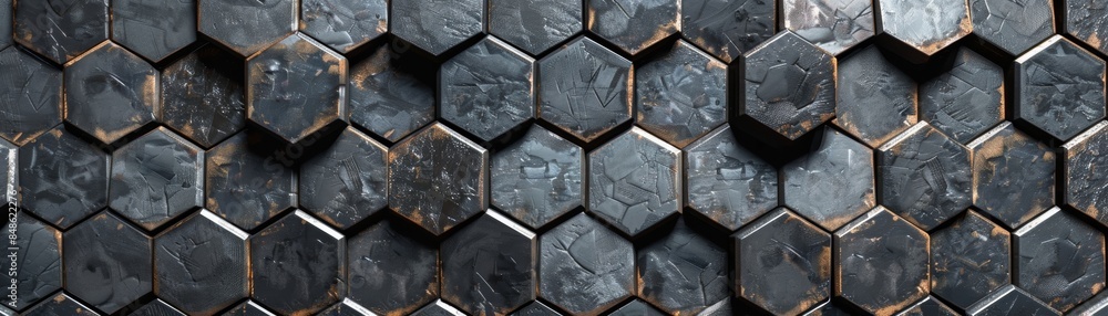Poster abstract hexagonal pattern, dark grey and textured.