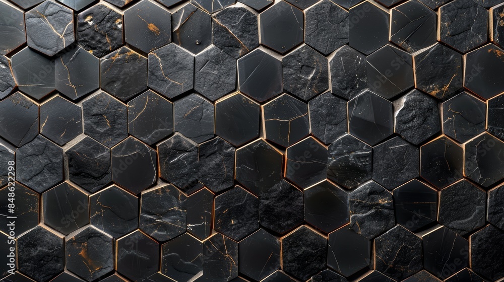 Poster abstract hexagonal pattern with dark gray and black tones.