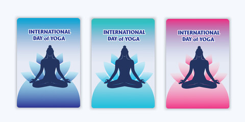Flat design International yoga day banner or poster set template design. Woman doing yoga pose,