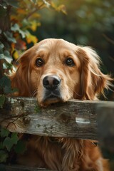 Curious Golden Retriever Peeking Through Rustic Wooden Fence in Vibrant Garden Scene