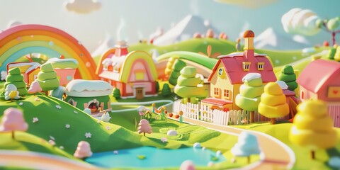 Fototapeta premium Tiny cute isometric A beautiful rainbow village morning scene. Sunlight shines on the golden wheat field and dozens of small animals are busy. Describe the rainbow village morning scene, 2:1