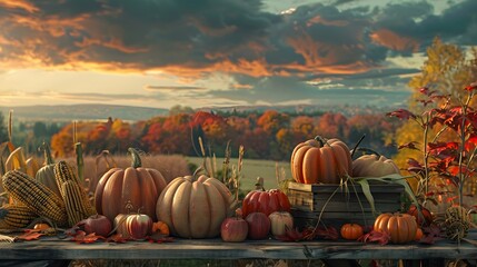 Thanksgiving With Pumpkins Apples And Corncobs On Wooden Table With Field Trees And Sky In Background. 