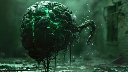 Gnarled Zombie Brain Emanating Sickly Green Miasma,Cinematic Digital Painting with Abandoned Asylum Backdrop